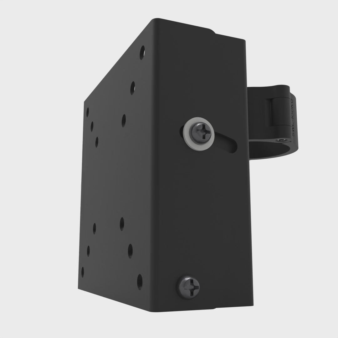 Small TV truss mount tilting from level down to 15 degrees, back up through level to 5 degrees, and returning level, while the pipe clamp stays fixed.