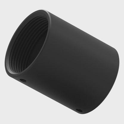 11AC001 aluminum pipe coupler tumbling end over end, showing the internal 1-1/2 inch NPT threads at both ends and the set screw holes