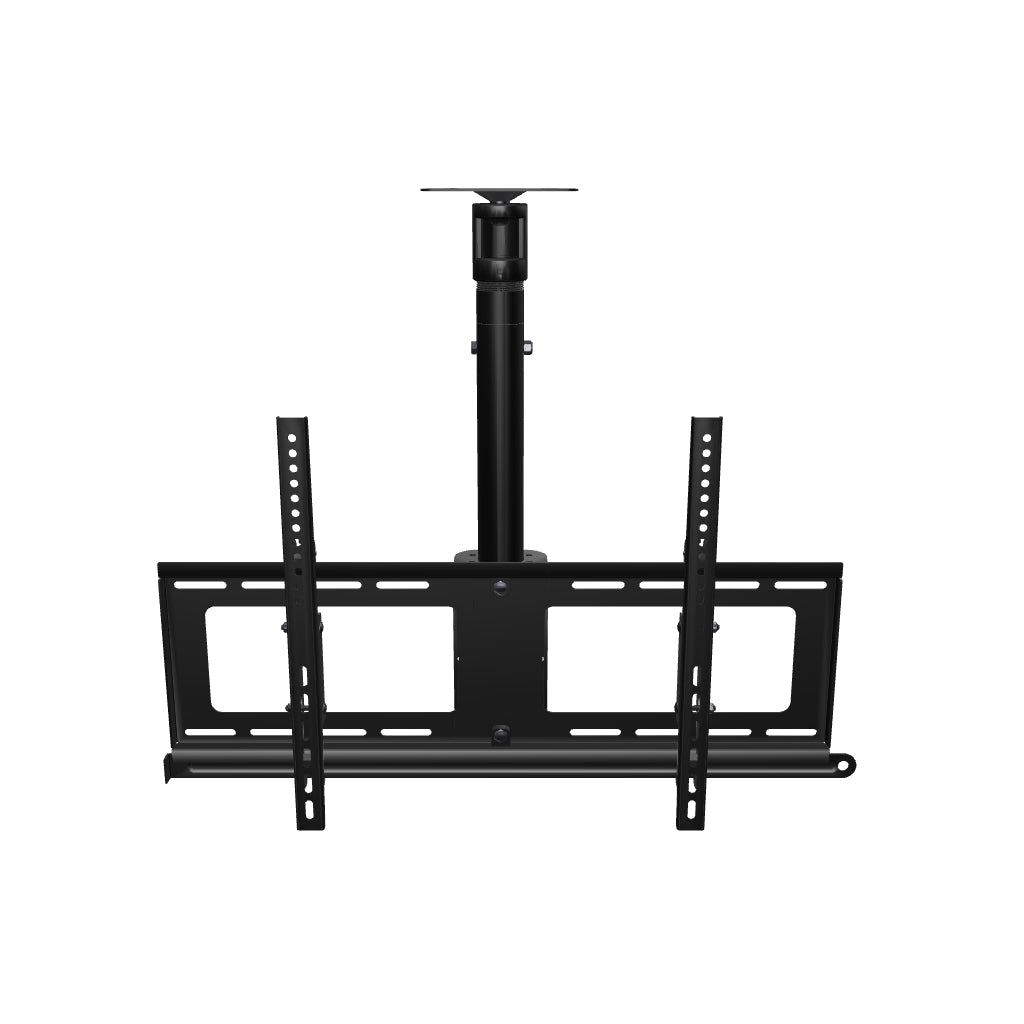 33CE008 tilting and rotating TV ceiling mount, interactive 3D model of the assembled head, adjustable mast and flat ceiling plate shown at its shortest length.