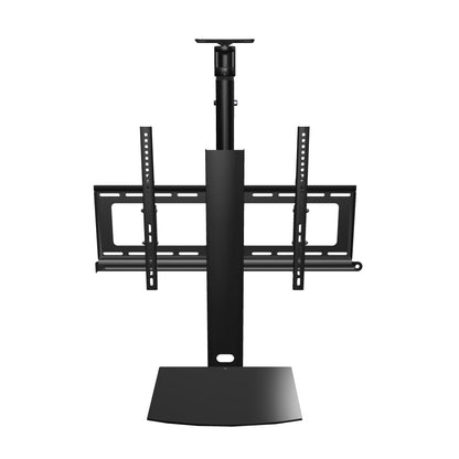 33CE008SH TV ceiling mount with a glass shelf, interactive 3D model of the assembled tilt rotate head, mast, flat ceiling plate and shelf at shortest length.