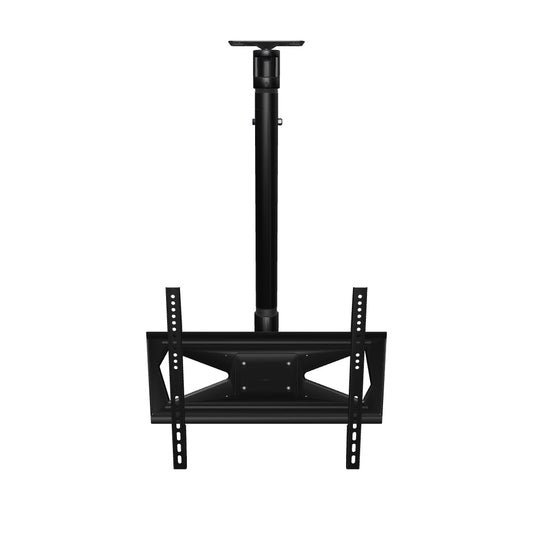 33CE016 tilting TV ceiling mount, 28 to 44 inch adjustable-length version, interactive 3D model of the assembled head, mast and flat ceiling plate shown at its shortest.