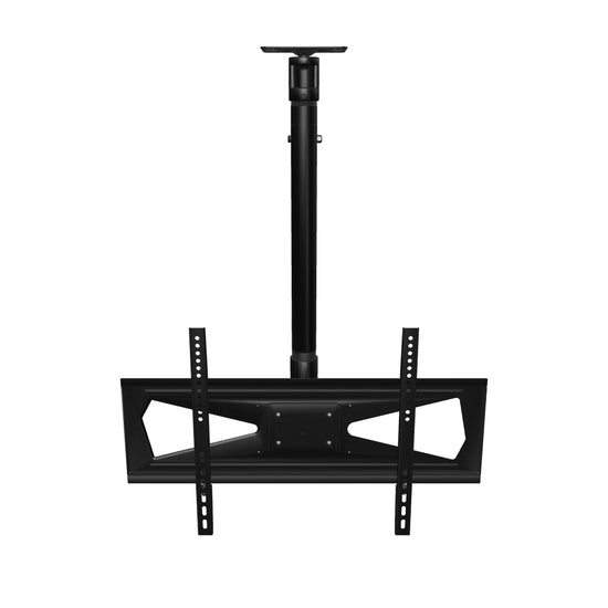 33CE017 tilting TV ceiling mount for up to 70 inch screens, interactive 3D model of the assembled head, mast and flat ceiling plate shown at its shortest.