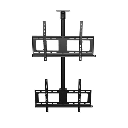 33CE018 double stack two screen TV ceiling mount, interactive 3D model of two tilting heads stacked vertically on the fixed 39 inch drop pipe.