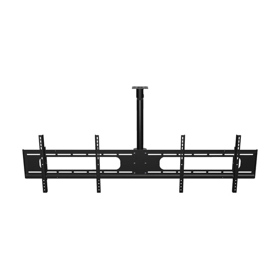 33DW004 double wide two screen TV ceiling mount, interactive 3D model of both tilting heads side by side on the fixed 22 inch drop pipe and flat ceiling plate.