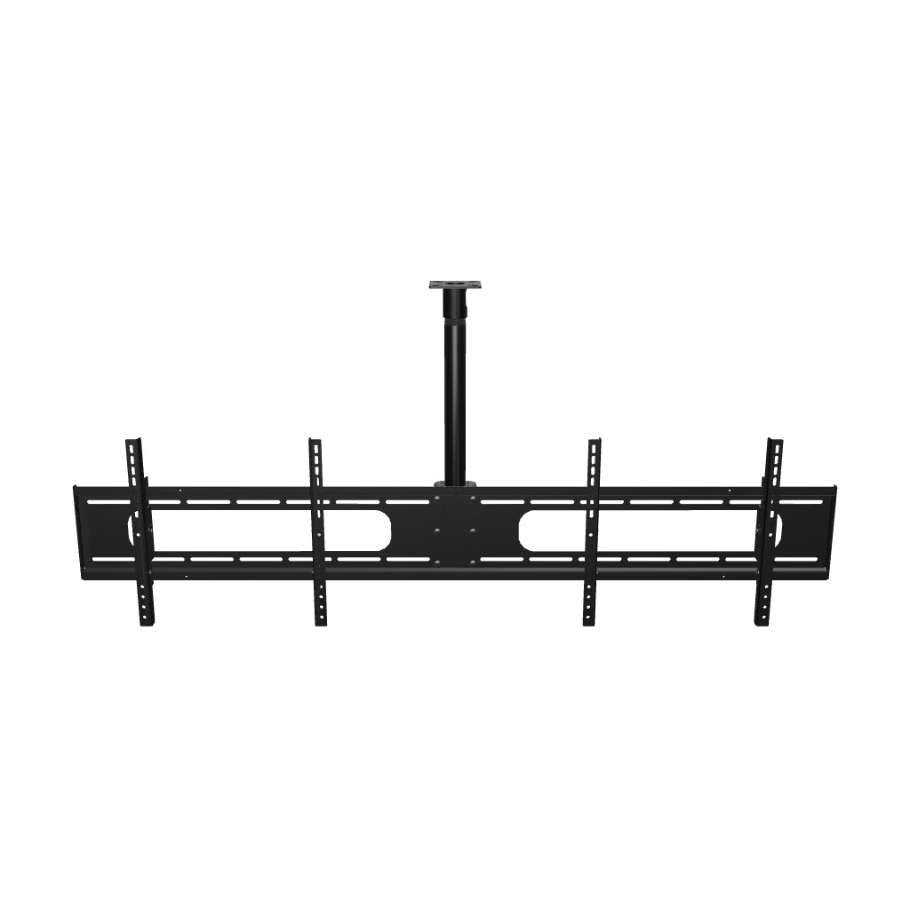 33DW004 double wide two screen TV ceiling mount, interactive 3D model of both tilting heads side by side on the fixed 22 inch drop pipe and flat ceiling plate.
