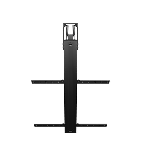 33FD001 flip-down folding TV ceiling mount for 32 to 70 inch screens, interactive 3D model of the mount deployed with its drop arm, gas springs and TV rails.