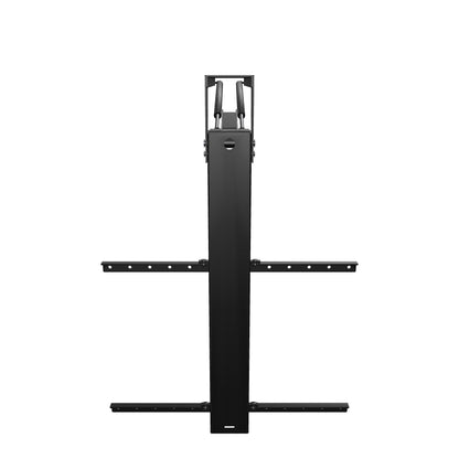 33FD001 flip-down folding TV ceiling mount for 32 to 70 inch screens, interactive 3D model of the mount deployed with its drop arm, gas springs and TV rails.