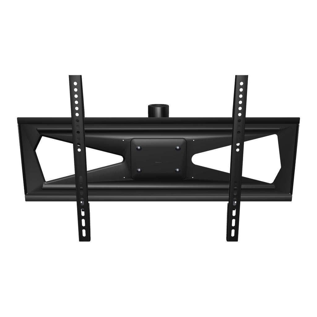 33HE002 tilting TV ceiling mount head for 600 by 400 mm VESA screens on a 1-1/2 inch pipe. Spin and zoom the twin rails, tilt bracket and pipe socket.