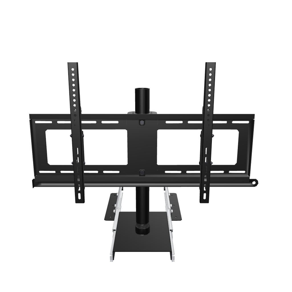 33SL001 slide-out swivel TV mount for up to 65 inch, interactive 3D model shown fully slid out with the drawer slides, pipe and twin tilting VESA rails.