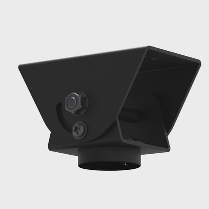 Sloped-ceiling pole adapter opening from flat to 90 degrees on its hinge, with the pole collar held vertical.