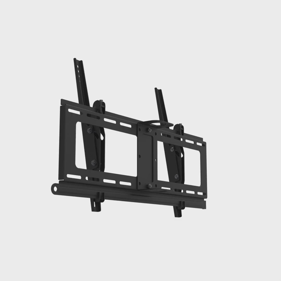Tilting twin-rail TV head with its pipe adapter, set at 10 degrees and turning through a full circle to show the rails, lock bar and adapter.
