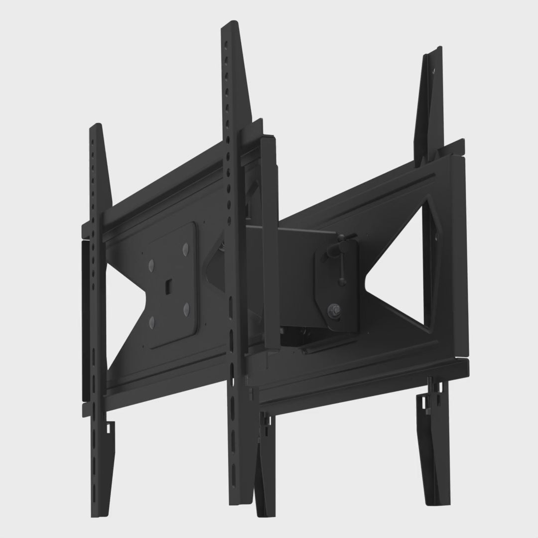 33HE021 back-to-back TV mount head tilting both screen plates together from level to 12 degrees down, with the pipe socket held fixed.