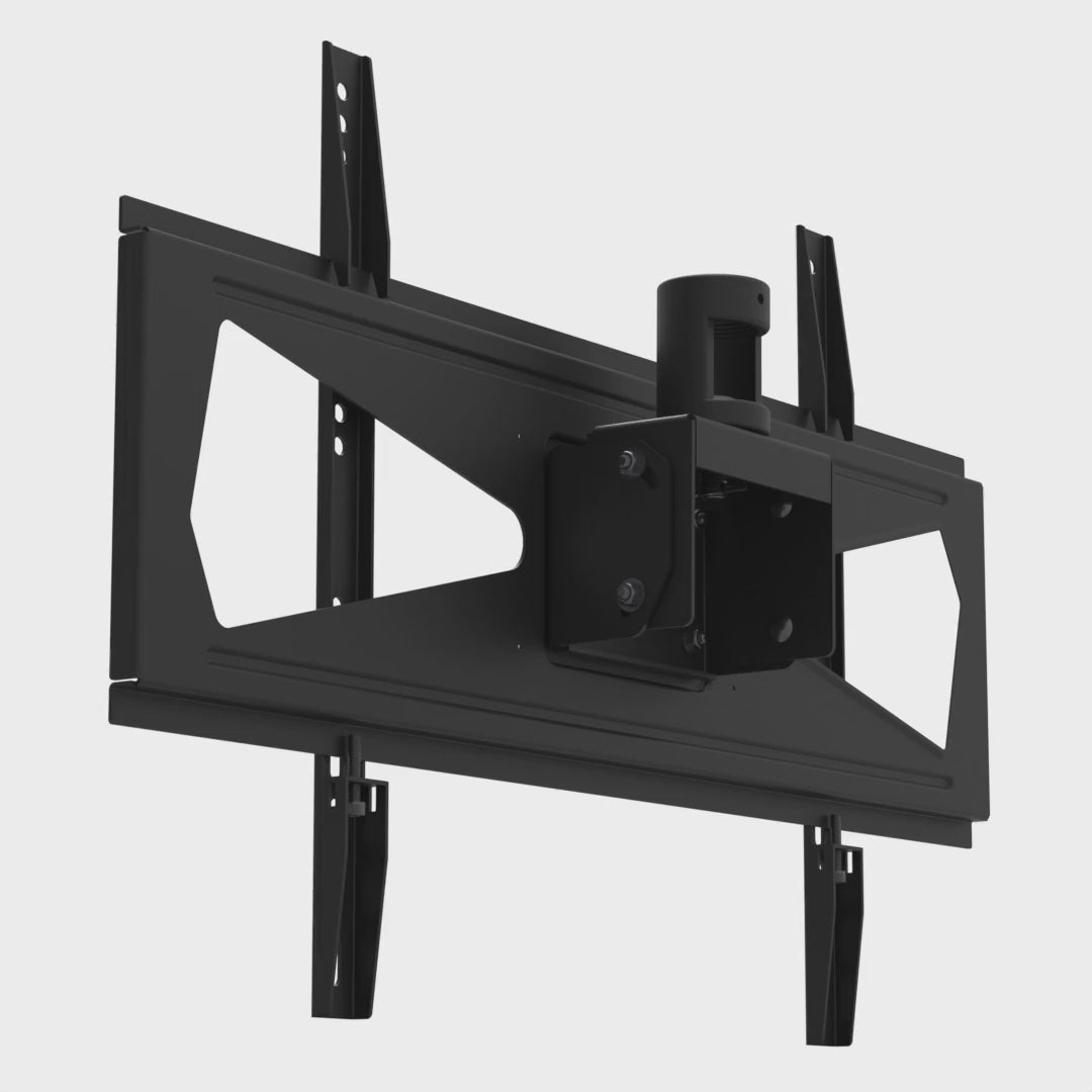 33HE002 TV ceiling mount head tilting the screen rails from level to 12 degrees, with the 1-1/2 inch pipe socket held fixed and vertical.