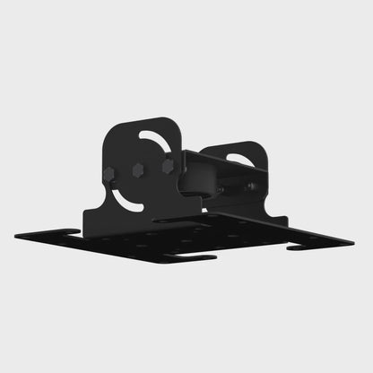 DD mounting head rotating 360 degrees, showing the equipment plate, tilt yoke and threaded ceiling-mast collar from every side.