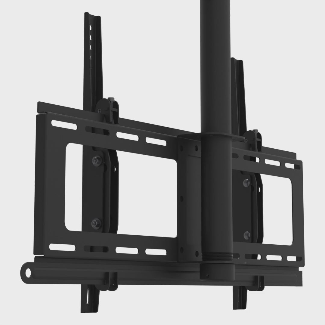 33CE008 TV head tilting from flat to 10 degrees on its twin rails, hanging from a mast that runs up out of the top of the frame.