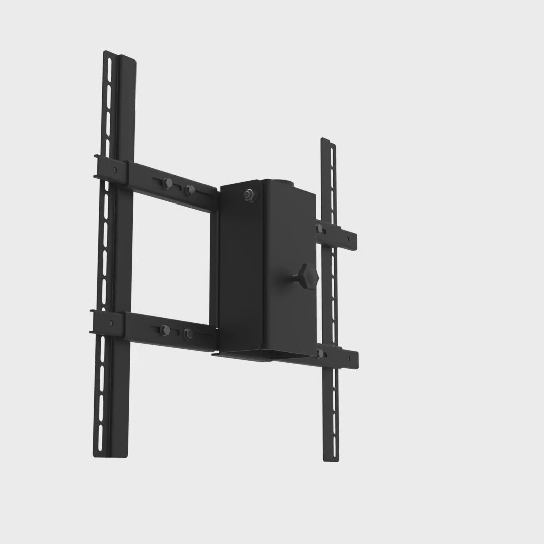 PDS-LCHB large TV ceiling mount head rotating 360 degrees, showing the threaded pipe socket, the tilt box and the adjustable screen adapter frame.