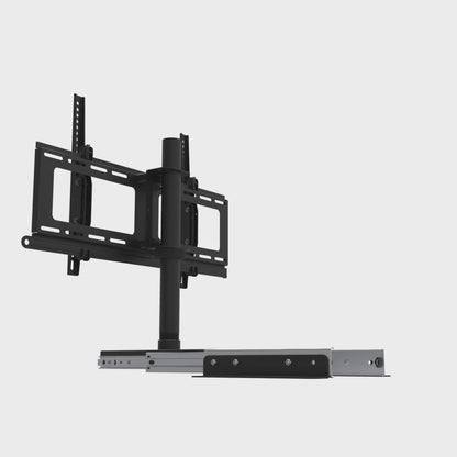 Slide-out swivel TV mount rotating 360 degrees, showing the base rails that screw down into the shelf, the ball-bearing drawer slide, the pipe and the tilting TV head.