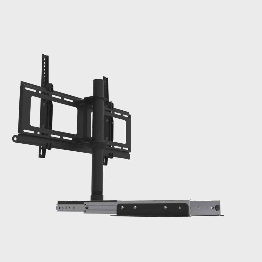 Slide-out swivel TV mount rotating 360 degrees, showing the base rails that screw down into the shelf, the ball-bearing drawer slide, the pipe and the tilting TV head.