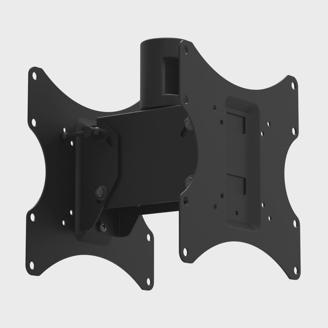22HE021 back-to-back TV mount head tilting both screen plates together from level to 12 degrees down, with the pipe socket held fixed.