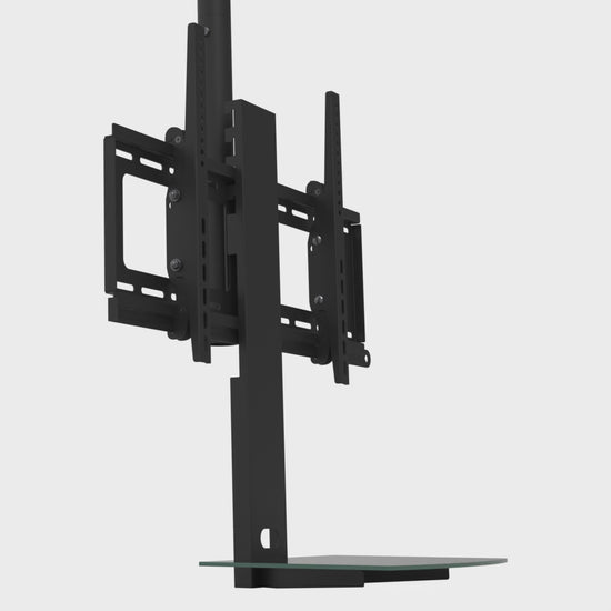 TV head seen from the screen side: the full-width lock bar sliding out of the hooked tilt-slide brackets and away off the left of the frame, then back in, above a fixed black glass shelf, on a mast that runs off the top.