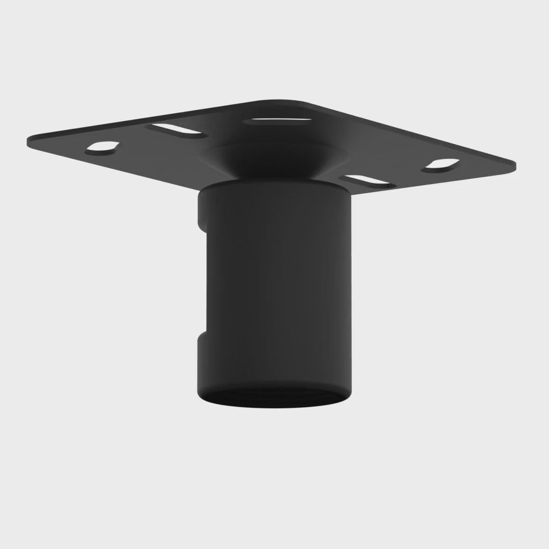 11CP005 ceiling plate turning slowly, showing the square plate with slotted bolt holes and the plain 1-1/2 inch pipe collar