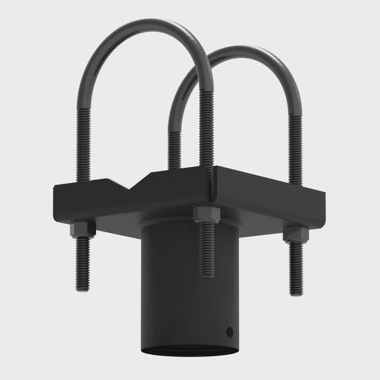 Truss ceiling adapter without the VMP adapter plate rotating 360 degrees, showing both U-bolts, the steel pan and the pipe socket from every side.