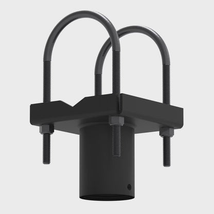 Truss ceiling adapter without the VMP adapter plate rotating 360 degrees, showing both U-bolts, the steel pan and the pipe socket from every side.