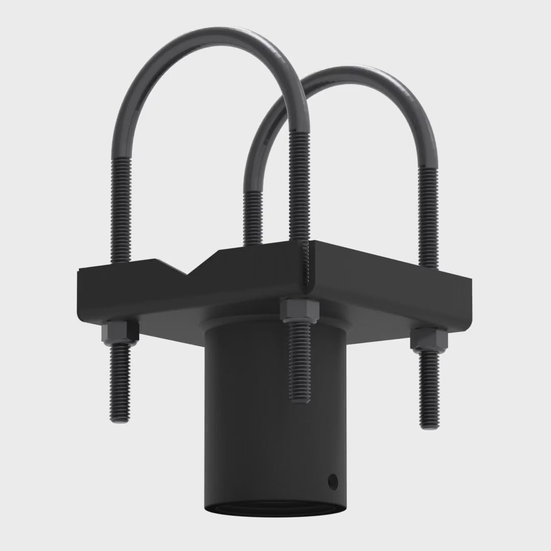 Truss ceiling adapter without the VMP adapter plate rotating 360 degrees, showing both U-bolts, the steel pan and the pipe socket from every side.