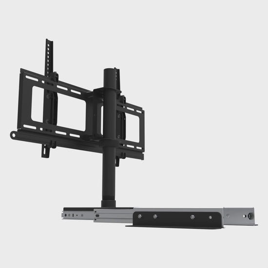 Slide-out swivel TV mount sliding its lock bar out of the wall plate and back in, the bar that secures the TV rails to the plate, with the rest of the mount held still.