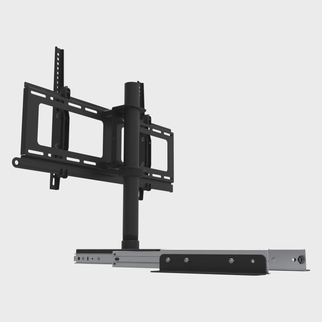 Slide-out swivel TV mount sliding its lock bar out of the wall plate and back in, the bar that secures the TV rails to the plate, with the rest of the mount held still.