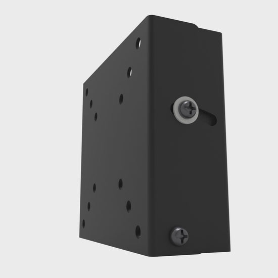 Tilting wall mount pivoting from level down to 15 degrees, back up through level to 5 degrees, and returning level, on its bottom hinge and arc slot.