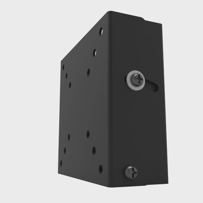 Tilting wall mount pivoting from level down to 15 degrees, back up through level to 5 degrees, and returning level, on its bottom hinge and arc slot.