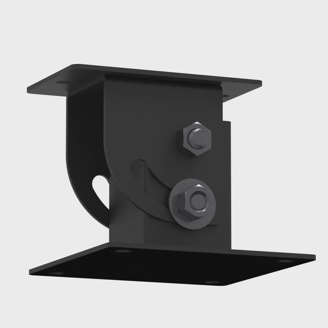 Cathedral ceiling adapter swinging its ceiling plate from flat to 60 degrees of slope along the curved slot, while the 1-1/2 inch pipe socket stays plumb.
