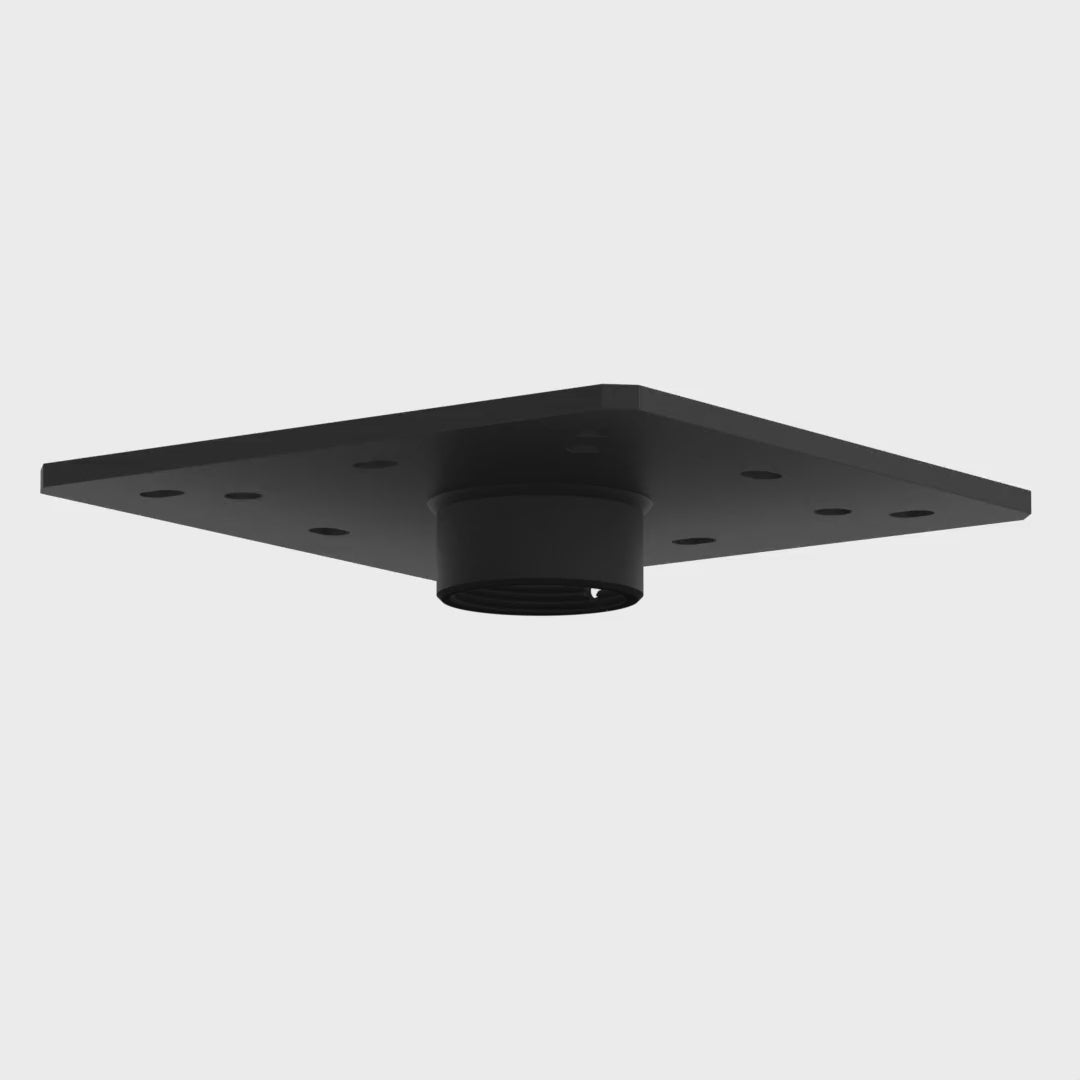 CP-1 ceiling plate rotating 360 degrees, showing the wide square plate, its mounting hole pattern and the threaded collar beneath.