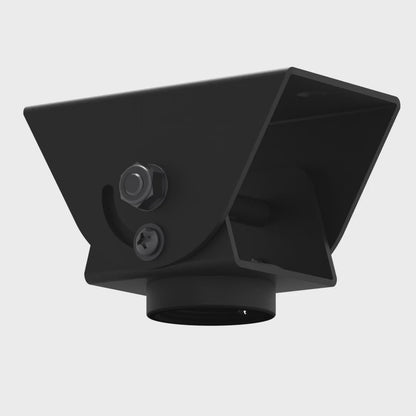 Sloped-ceiling pole adapter rotating 360 degrees, showing the hinged ceiling plate, arc slot and pole collar.