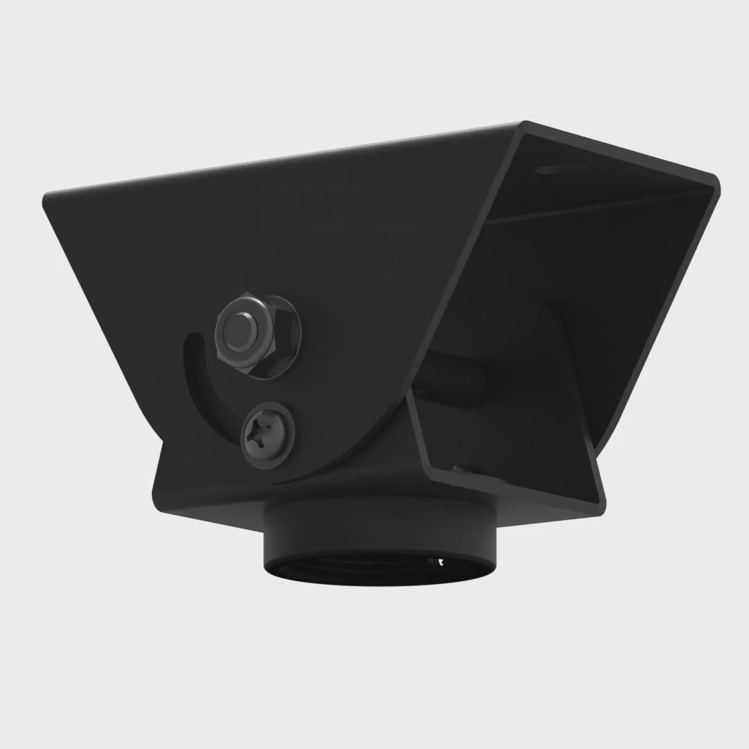 Sloped-ceiling pole adapter rotating 360 degrees, showing the hinged ceiling plate, arc slot and pole collar.