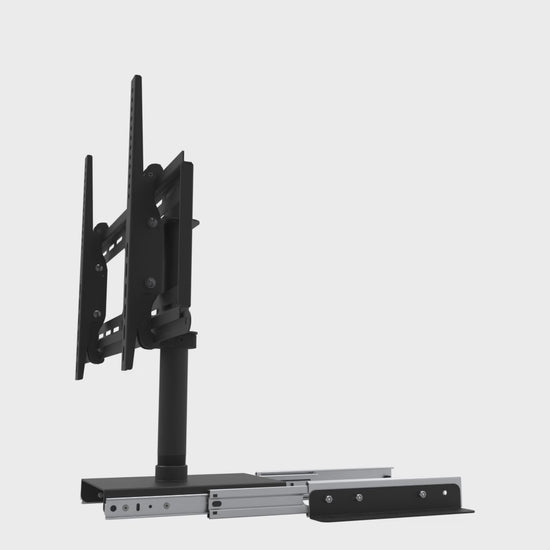Slide-out swivel TV mount raising the screen 3 inches up the pipe on its shaft collar, the height adjustment, with the base and slide held still.