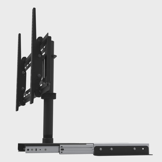 Slide-out swivel TV mount tilting the screen 5 degrees up and 10 degrees down, with the pipe and the drawer slide held still.