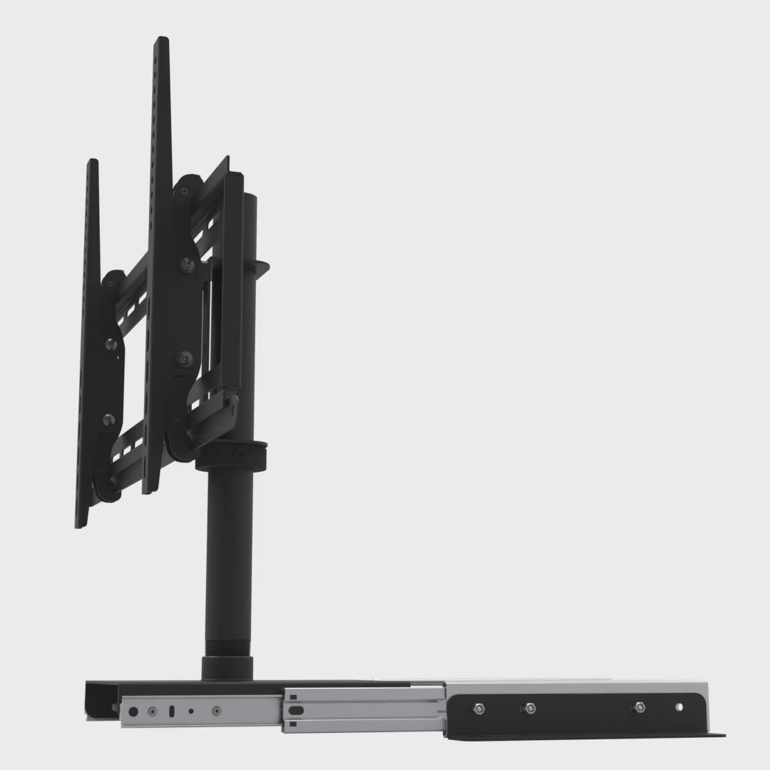 Slide-out swivel TV mount tilting the screen 5 degrees up and 10 degrees down, with the pipe and the drawer slide held still.