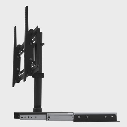 Slide-out swivel TV mount tilting the screen 5 degrees up and 10 degrees down, with the pipe and the drawer slide held still.