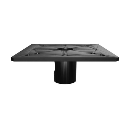 CP-1PT ceiling plate, interactive 3D model showing the wide plate, its hole pattern and the pipe socket with a cable pass-through bore.
