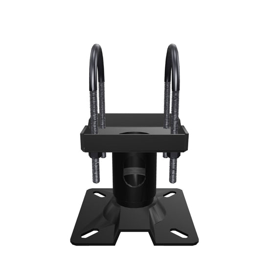 TCA-1 ceiling mount truss adapter. Turn this 3D model to view the two U-bolts that strap it to a truss chord and the 1-1/2 inch pipe socket below.