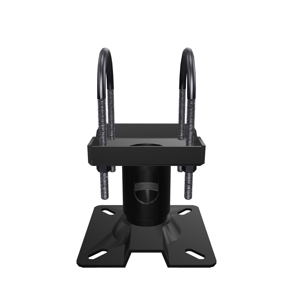 TCA-1 ceiling mount truss adapter. Turn this 3D model to view the two U-bolts that strap it to a truss chord and the 1-1/2 inch pipe socket below.