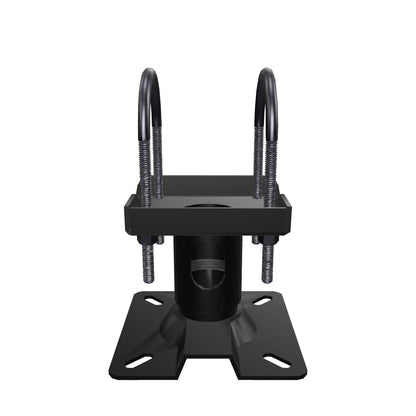 TCA-1 ceiling mount truss adapter. Turn this 3D model to view the two U-bolts that strap it to a truss chord and the 1-1/2 inch pipe socket below.