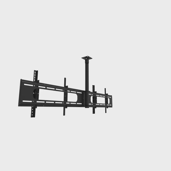 33DW004 double-wide TV ceiling mount swivelling a full turn around its fixed ceiling pipe, showing the 68 in bar and four tilt rails.