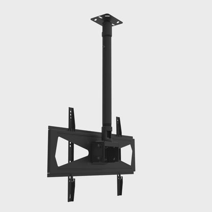 Wide TV ceiling mount rotating 360 degrees on its flat ceiling plate and telescoping mast, showing the full assembled drop.