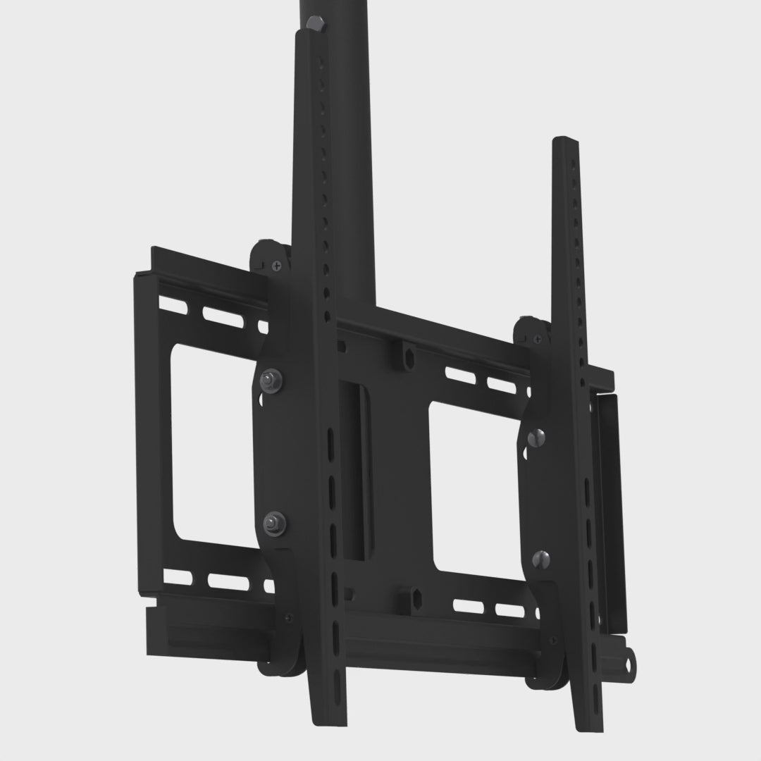33CE008 TV head from the screen side: the lock bar sliding out of the hooked tilt-slide brackets and away off the left of the frame, then back in, on a mast that runs off the top.