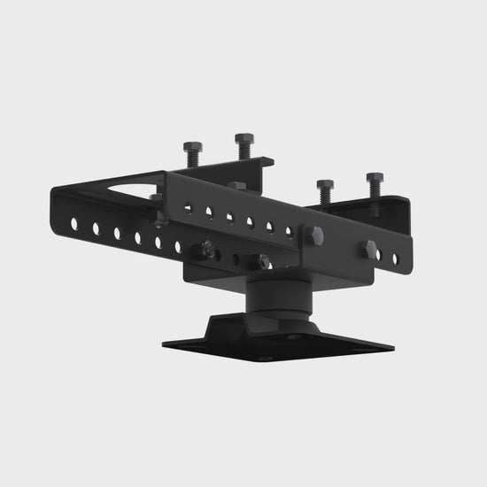 IBA-1 I-beam adapter rotating 360 degrees, showing the adjustable beam clamp, the four flange bolts and the VMP mast adapter plate.