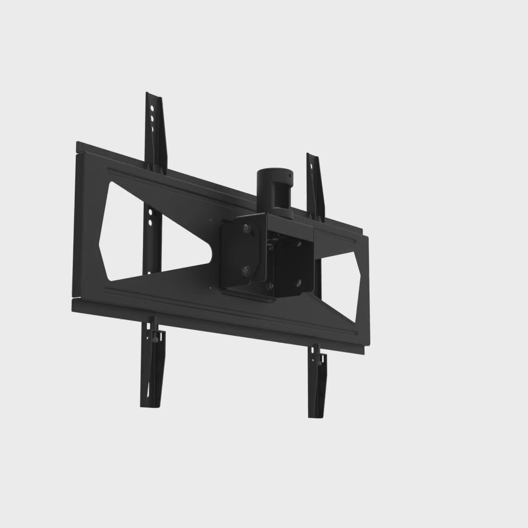 33HE002 wide TV ceiling mount head rotating 360 degrees, showing the 702 mm horizontal plate, the TV rails and the pipe socket from every side.