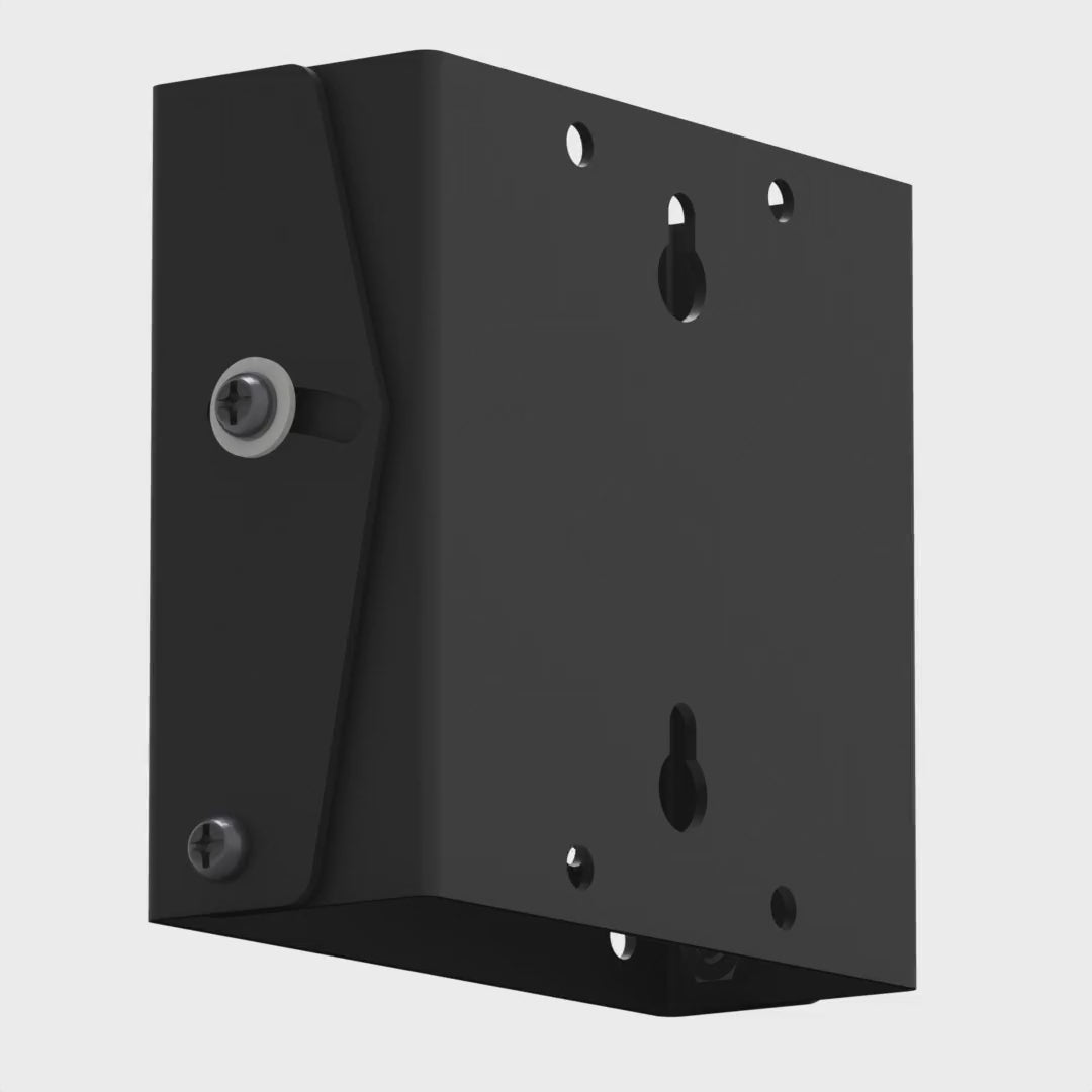 Tilting wall mount for 10 to 24 inch panels rotating 360 degrees, showing the VESA hole pattern, the arc slot and the white plastic washers.